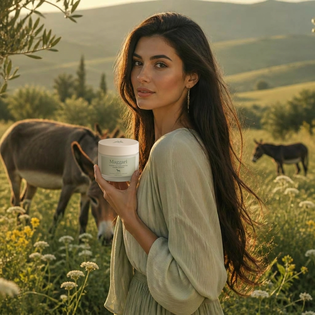A woman in a Bulgarian meadow holding Maggari cream, with wild donkeys grazing behind her